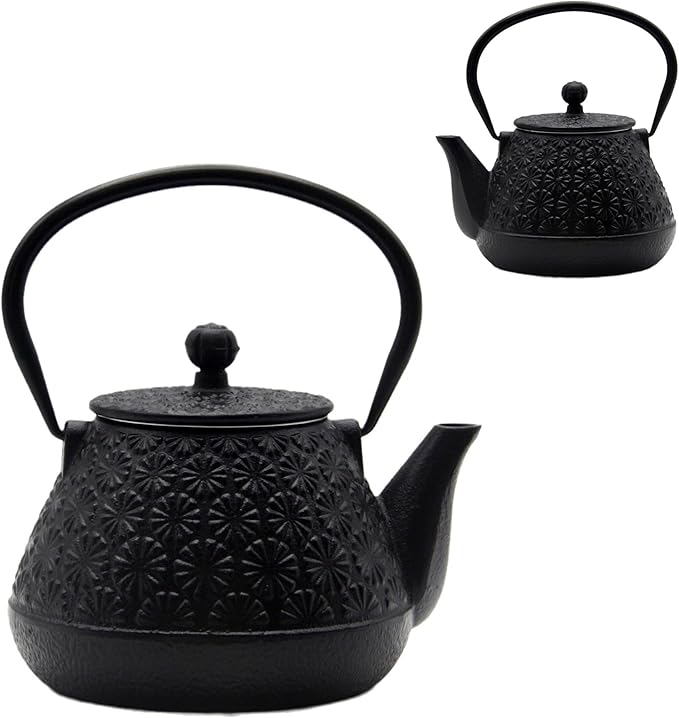 20.3oz Small Cast Iron Teapot, SECHUDO Tea Kettle for Stovetop Safe Coated with Enameled Interior, Japanese Style Tea Pot with Stainless Steel Infuser for Loose Tea (Black Gerbera Pattern)
