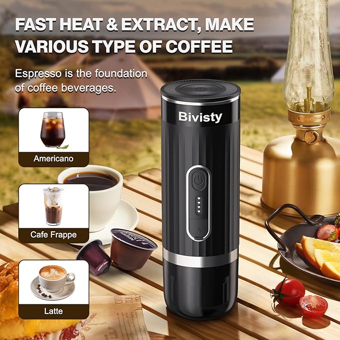 Portable Espresso Maker for Travel, Camping Coffee Machine, Electric Self-Heating With USB-C, Ground Coffee Compatible with Nespresso & Dolce Gusto for RV, Outdoor, Office (black)