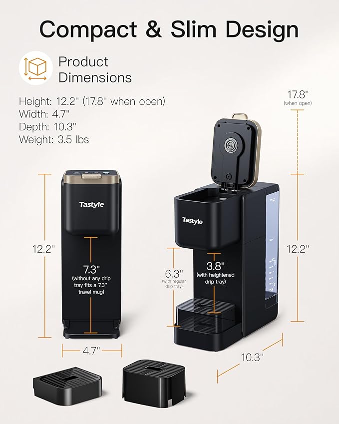 Single Serve Hot & Iced Coffee Maker with Strong Brew, 40oz Removable Reservoir, 6 Brew Sizes, Compatible with K Cup and Grounds, Compact for Home, Office, RV, Black & Gold (2.0 Version)