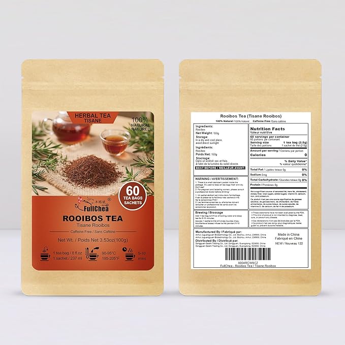 FullChea - Rooibos Tea Bags, 60 Counts - Premium South African Natural Rooibos - Non-GMO - Caffeine-Free - Antioxidant-Rich & Supports Digestion