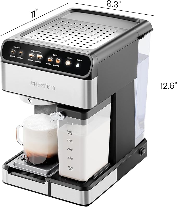 Chefman CaféMaster Pro Espresso Machine, Brew Single or Double Shots, Coffee Maker with Built-In Milk Frother for Cappuccino & Latte, XL 1.8 Liter Removable Water Reservoir - Stainless Steel