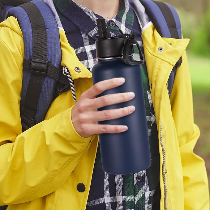 Volhoply 32 oz Insulated Water Bottles Bulk 2 Pack with Straw Lid & Spout Lid,Stainless Steel Sports Water Bottle,Double Wall Vacuum Cups,Leakproof Wide Mouth Metal Flask for Travel(Navy,2)