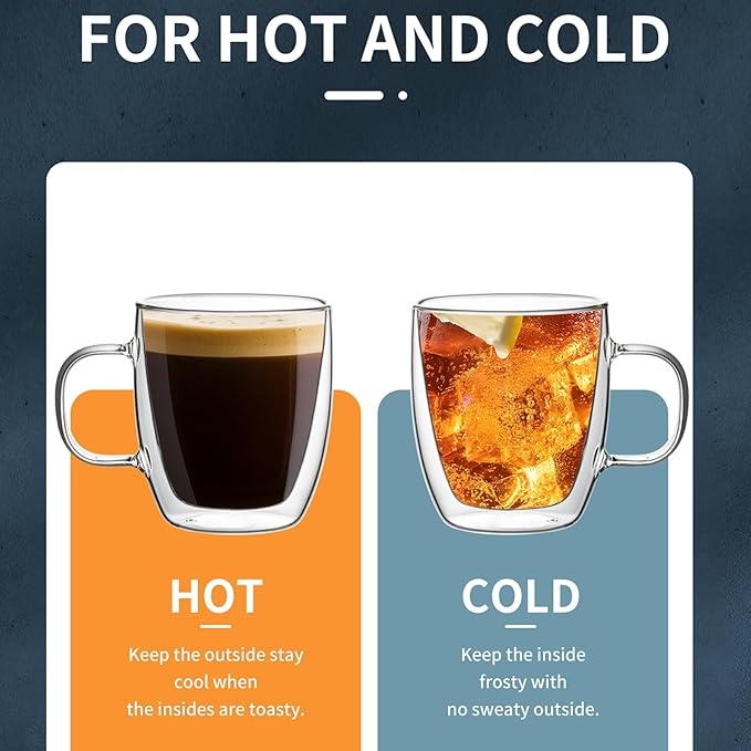 Sweese 12.5 oz Double Wall Glass Coffee Mugs Set of 2 - Insulated for Espresso, Latte, Tea Beverages