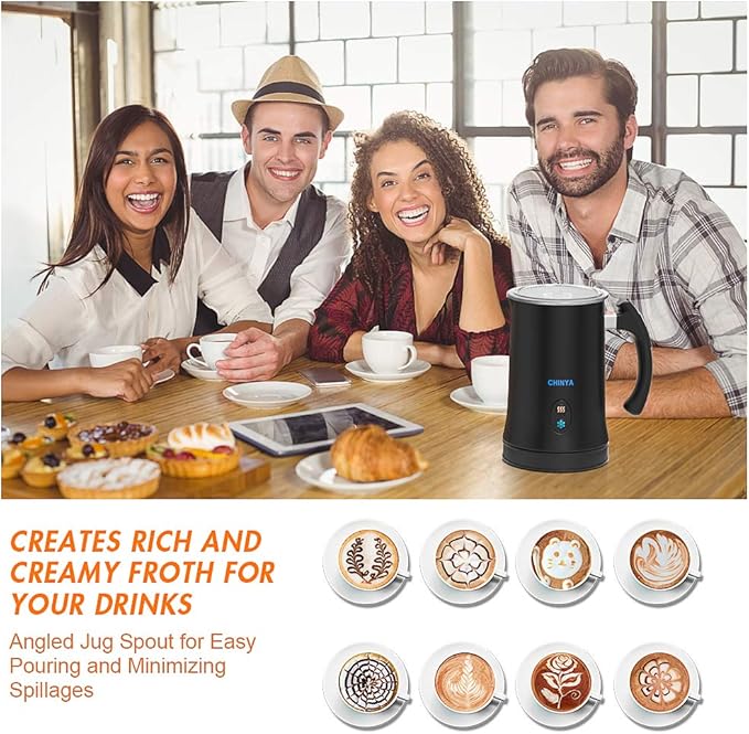 Milk Frother,CHINYA Automatic Milk Frother with Hot and Cold Functionality, Electric Milk Steamer and Warmer for Latte, Cappuccino, Hot Chocolate and Macchiato, Auto Shutoff (Black)