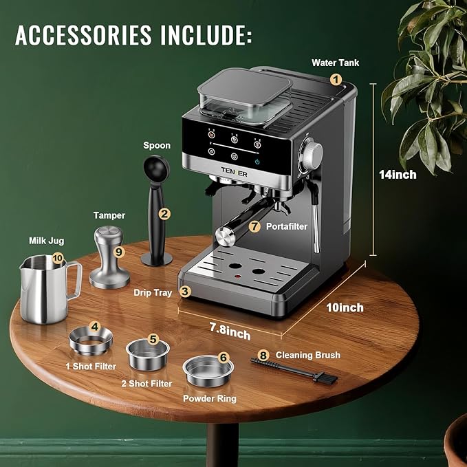 TENKER Espresso Machine with Grinder, 20 Bar Coffee Machine with Milk Frother for Home, All-in-One Stainless Steel Coffee Maker to Make Latte, Cappuccino, Hot or Cold Brew Iced Coffee, Americano