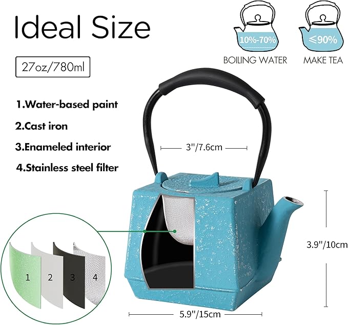 Cast iron Teapot, Tea Kettle for Stovetop Safe with Stainless Steel Infuser,Japanese Hand-made Square Tea Pot Coated with Enameled Interior for 27oz,780ml Blue