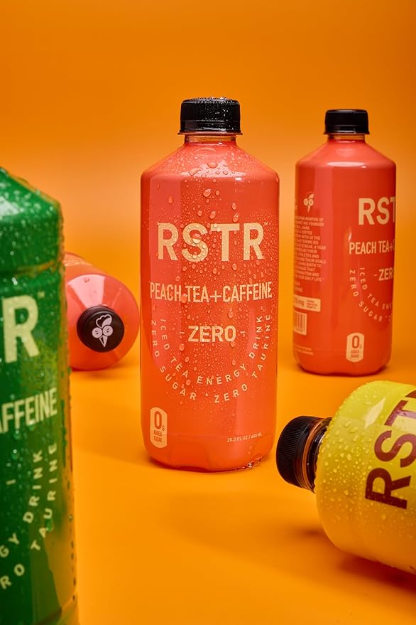 RSTR Peach Tea 12 Pack – Fruity High Energy Beverage – Natral Caffeine, Zero Added Sugar, Ultra Low Calories – Healthy Peach Tea for Adults - No Jitters, Not Carbnated and No Chrash.