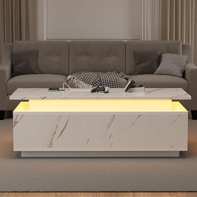 LED Coffee Table, 47.2" Coffee Tables for Living Room with Wireless Charging & Bluetooth Speaker, Smart Center Table for Living Room with Storage, White Marble Tables