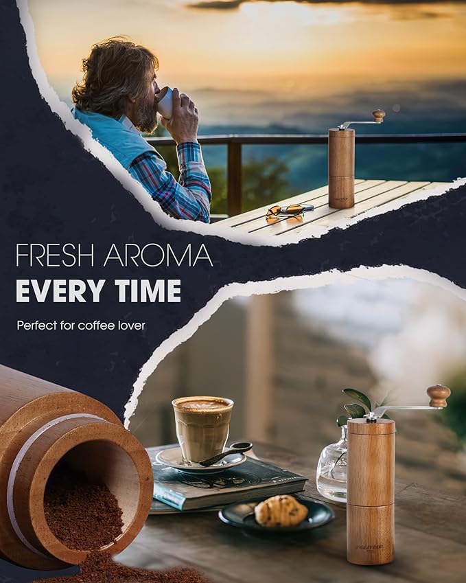 POLIVIAR Manual Coffee Grinder, Coffee Bean Grinder with Adjustable Ceramic Burr, Vintage Style Wooden Hand Coffee Grinder, Portable Burr Coffee Grinder with Brush and Spoon (JX2022-CG10)