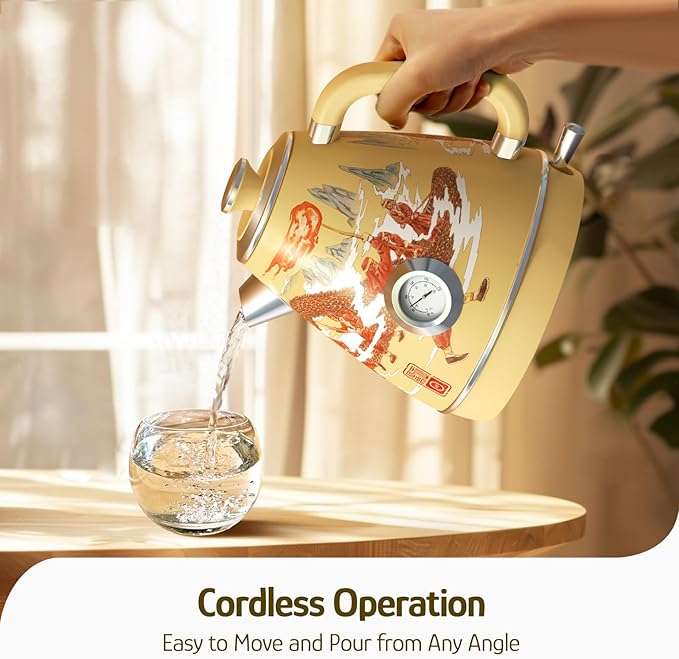 Hazel Quinn Retro Electric Kettle - 1.7 Liters / 57.5 Ounces Tea Kettle with Thermometer, All Stainless Steel, 1200 Watts Fast Boiling, BPA-free, Cordless, Automatic Shut Off - Dragon Dance