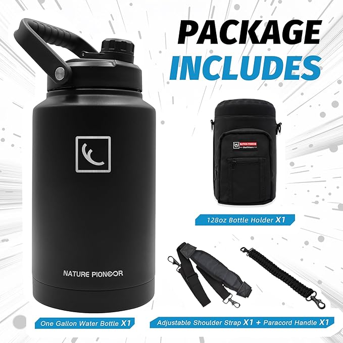 NATURE PIONEOR One Gallon Water Bottle Insulated - Large Double Vacuum Stainless Steel 128 oz Water Bottle with Holder/Carrier, 1 Gallon Water Jug,128oz, Wide Mouth