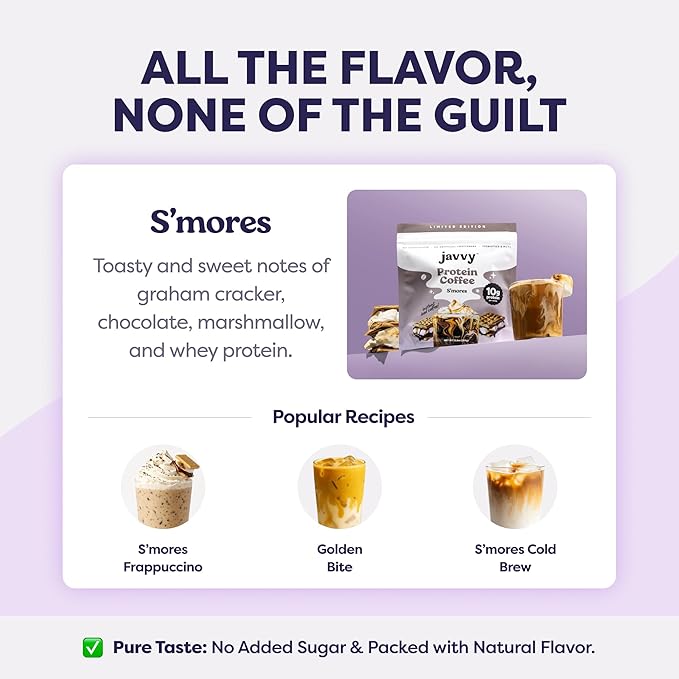 Javvy S’Mores Protein Iced Coffee - Premium Whey Protein & Instant Iced Coffees - 100% Natural Cold Brew - Zero Artificial Flavors & Sweeteners, 80 mg Caffeine, No Added Sugar, 20 Servings