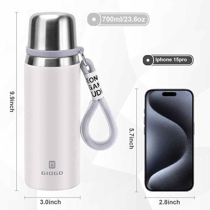 Stainless Steel thermo Bottles with cup 700ml/23.7oz Vacuum Insulated Bottle for hot and cold coffee drink water thermo flask with cup.(White,700ml)