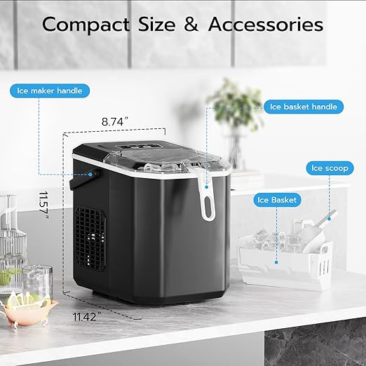 ZAFRO Countertop Ice Maker, 26.5Lbs/24H, 9 Bullet Cubes in 6 Mins, Self-Cleaning Portable Ice Machine with 2 Ice Sizes (S/L), Quiet Compact Design, Double Handles, for Home, Party, RV, Camping, Black