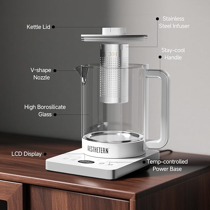 Electric Tea Kettle with Infuser, 1.5L Glass Water Boiler with Temperature Control, 24H Keep Warm & Auto Shut-Off, White