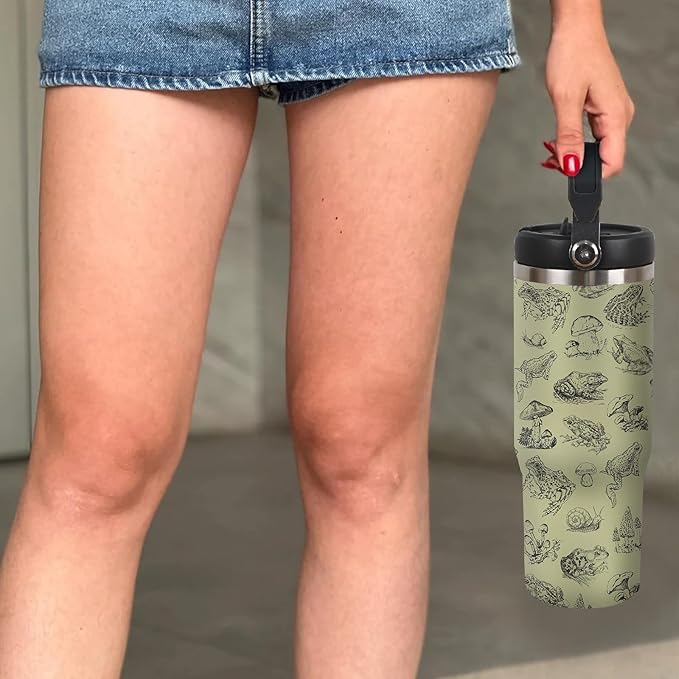 30oz Frog Tumbler with Handle and Straw, Stainless Steel Insulated Frog Cup with Top Handle and Lid, Frog Coofee Mug Gifts for Women Men