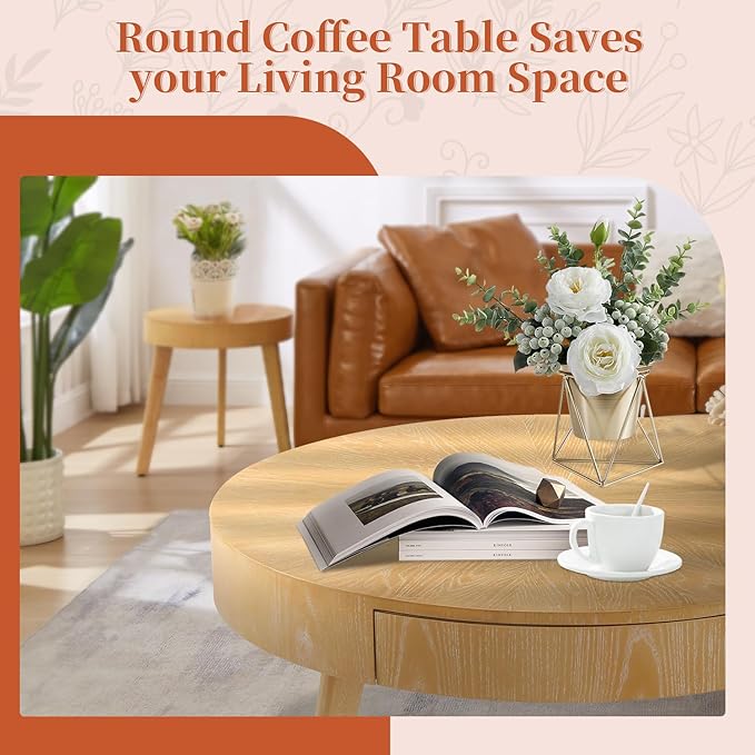 Round Wood Coffee Table for Living Room, Modern Farmhouse with Drawer, Solid Boho Circle Table with 4.5ā Thick Tabletop, 31.5" L x 31.5" W x 15.87" H