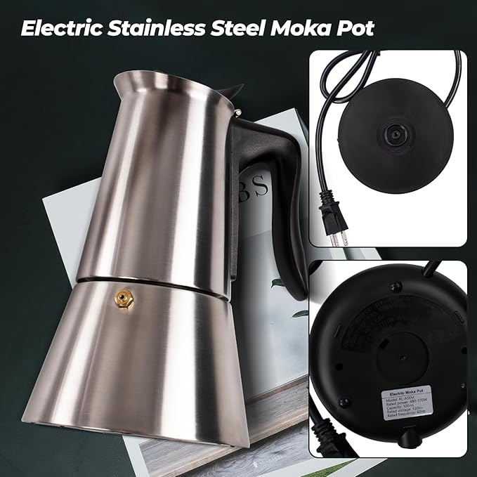 Electric Stainless Steel Moka Pot 6 Cup 300ml Mocha Pot Espresso Maker with Detachable Base Ideal Coffee Maker for Home Italian and Cuban Café Coffee maker Espresso maker Coffee Pot