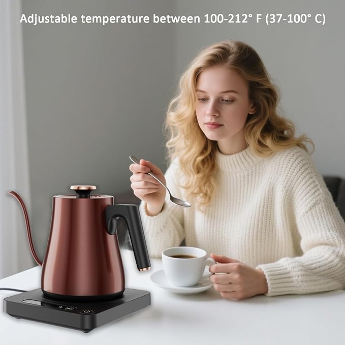Smart Gooseneck Electric Kettle 1.0L with Temp Control and Keep Warm, 1000W Rapid Boil In 4 Min, Stainless Steel Kettle for Coffee/Tea, LED Display, Touch Control, Vintage Copper Color, BPA-Free