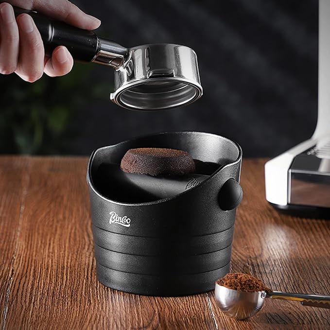 Bincoo Mini Coffee Knock Box 4.5 Inch - Espresso Accessories for Coffee Grounds Container - Multifunctional, Suitable for Home & Bar(Black)