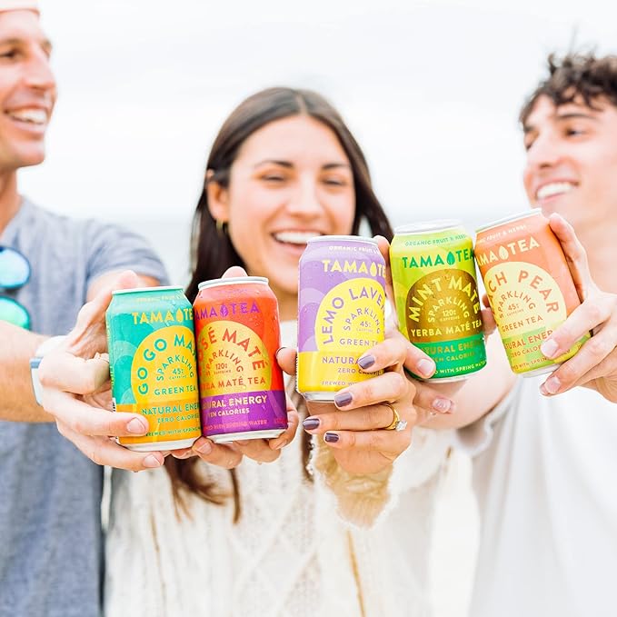 Sparkling Yerba Mate Variety Pack by Tama Tea - Unsweetened Natural Energy Drink with Real Fruit & Herbs - Healthy Caffeine Drink Alternative - 120mg of Caffeine, 10 Calories - 12oz Pack of 12