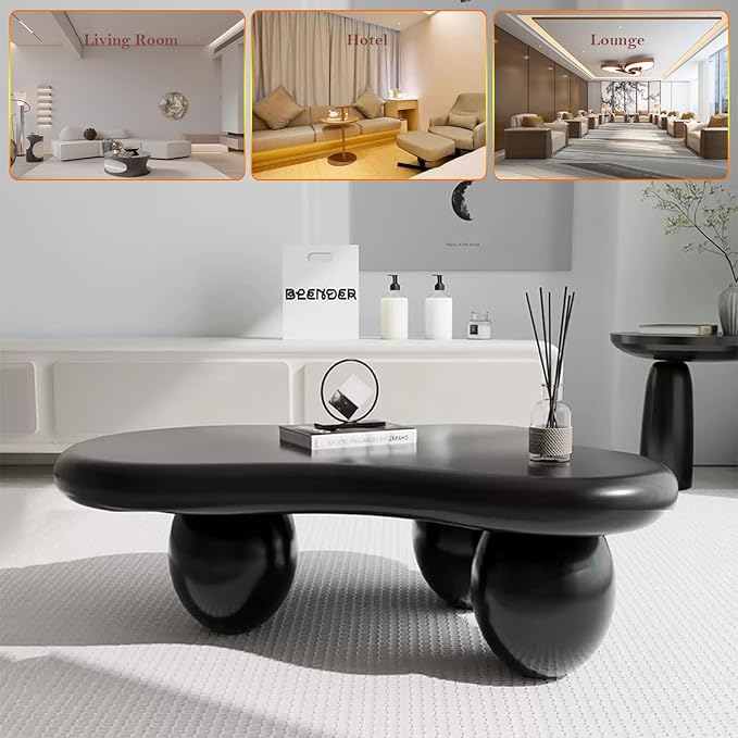 Asymmetric Black Coffee Table with 3 Stable Ellipsoid Leg, Modern Stylish Cloud Center Table - Cafe Books Laptop Snacks and Decor (D-39.37in)