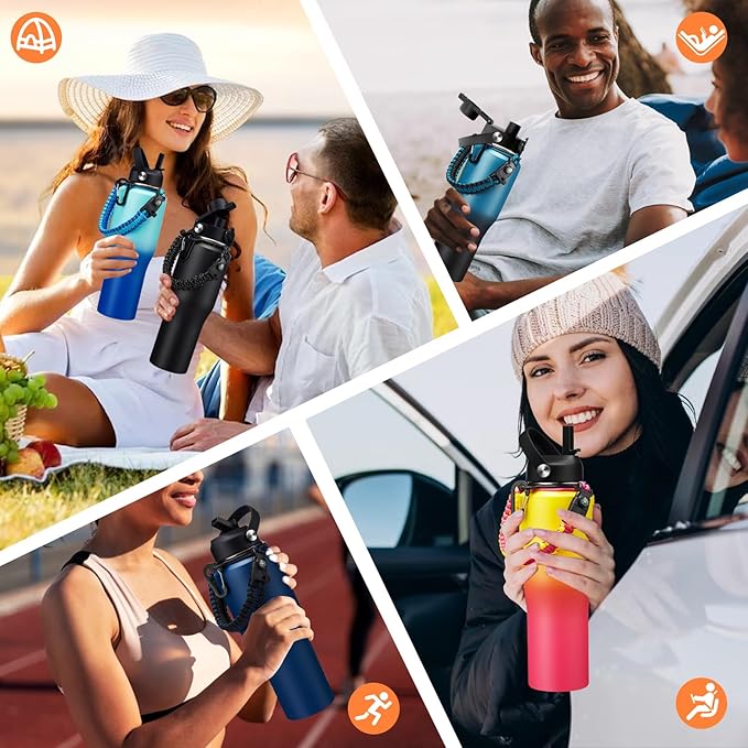 Water Bottle with Straw - 32 40 OZ Water Bottle that Fits in any Car Cup Holder, Water Flask with Straw & Spout Lids, Paracord Handle, Insulated Water Bottle for Travel Gym Office Women