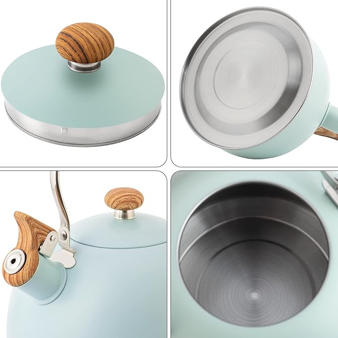 Whistling Stainless Steel Diamond Pattern Tea Kettle with Wood Grain Anti Heat Handle, Stainless Steel Cover Wood Grain Nylon Cover Top Tea Pot (Green)
