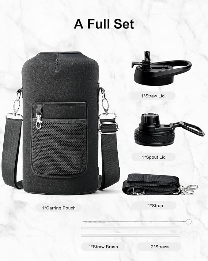 Trebo 128 oz Water Bottle Insulated with Handle, One Gallon Stainless Steel Metal Large Jug, Travel Flask with Straw Spout Lid, Mug Tumbler Cup with Carry Pouch, Keep Cold Hot, Indigo Black