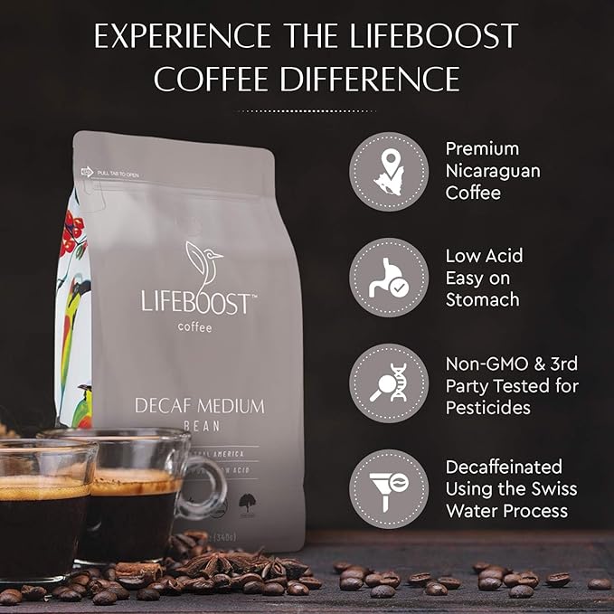 Lifeboost Medium Roast Decaf Coffee Beans – Organic Low Acid Swiss Water Decaf – Whole Bean Coffee – Third Party Tested for Mycotoxins & Pesticides – Chemical Free – 12 oz