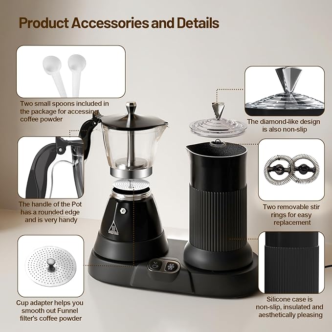 Electric Espresso Machine with Milk Frother 2 in 1 Efficient Moka Pot Coffee Maker with Milkfroth Aluminum One-Touch Operation for Effortless Cappuccinos Lattes Macchiatos Black