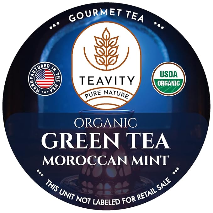 Organic Moroccan Mint Tea and Green Tea Pods for Keurig - Caffeinated Unsweet Tea for K Cup Brewing by Teavity (36 Tea Pods)