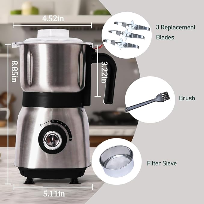 Electric Grinder for Kitchen - 500W Grain Mill with 3 Stainless Steel Blades, Versatile Spice Grinder for Coffee, Grinding Spices, Bean, Grains, Nuts (Black)