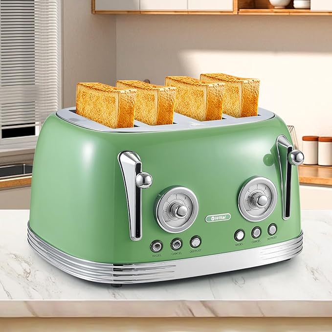 4 Slice Toaster, Retro Green Toaster, Bagel, With Stainless Steel Lid. Reheat, Defrost and Cancel Functions, Countdown Function, 6 Browning Levels, Stainless Steel Material, TR03