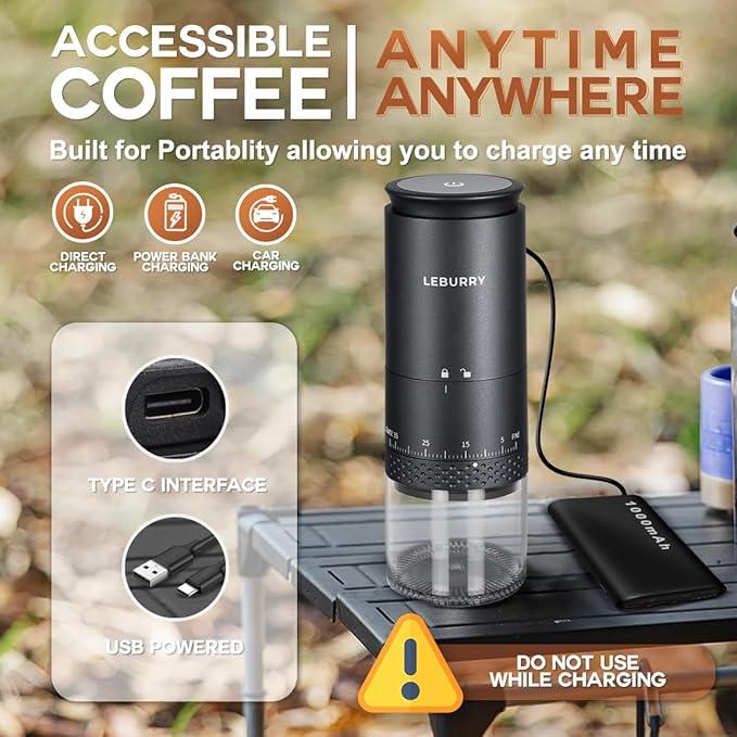 Portable Coffee Grinder – Rechargeable Espresso Coffee Grinder with Stainless Steel Burr Mill for Travel, Camping – Black Cordless Electric Small Grinders with 38 Adjustable Grind Settings