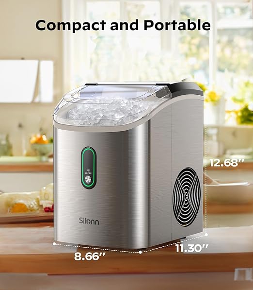 Silonn Nugget Ice Maker Countertop, Pellet Ice Machine with Self-Cleaning Function, Sonic Ice Maker Produces 33lbs of Chewable Ice in 24 Hours, Ideal for Home Kitchen and Office, Stainless Steel