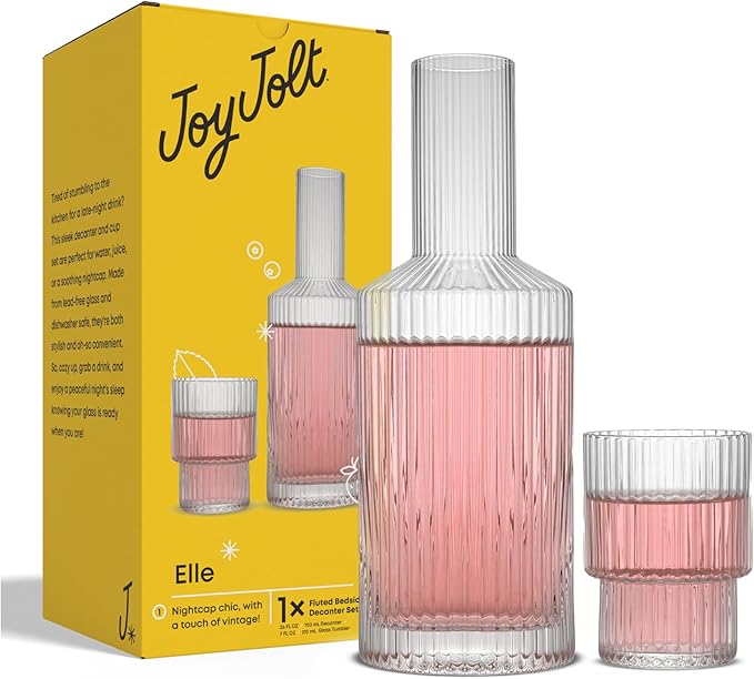 JoyJolt Bedside Water Carafe and Glass Set. Elle Fluted Glass Carafe and Ribbed Glassware. Vintage Nightstand Water, Mouthwash Decanter for Bathroom or Ribbed Vase. Mid Century Modern Glassware
