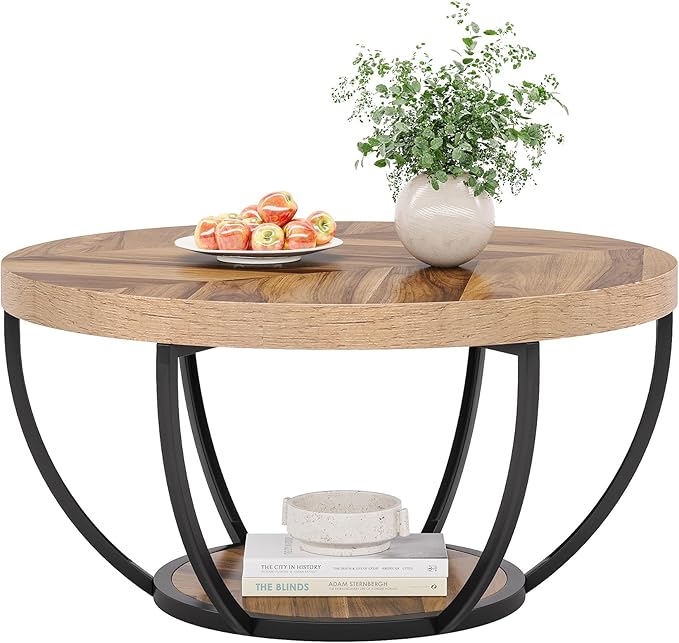 Tribesigns 31.7" Round Industrial Coffee Table with 2-Tier Storage Shelves, Modern Wood & Black Metal Accent Center Table for Living Room, Home Office – Easy Assembly