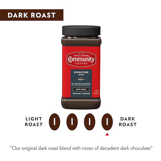 Community Coffee Signature Blend Dark Roast Premium Instant 7 Oz Jar (Pack of 4), Full Body Rich Bold Taste, 100% Select Arabica Coffee Beans