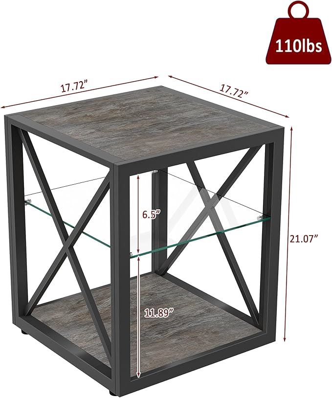 Rustic Coffee Table Set of 3, End Table Mordern Living Room Table Set with Tempered Glass Top Splicing Wood MDF, Black Metal Frame Industrial Style, Grey