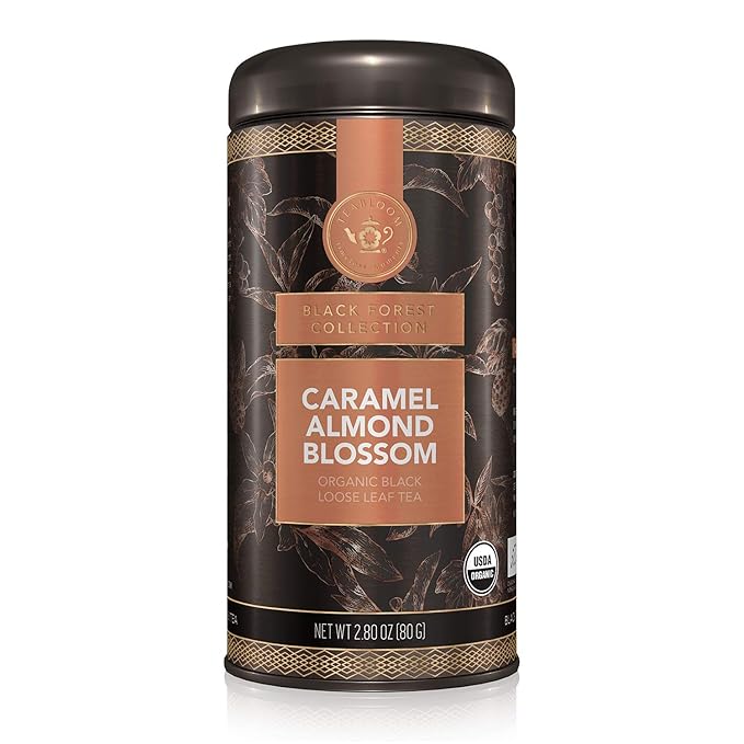 Teabloom Organic Black Tea, Caramel Almond Blossom Loose Leaf Tea, Luxury Dessert Tea, USDA Certified Organic, Certified Kosher, 2.80 Ounce Canister Makes 35-50 Cups