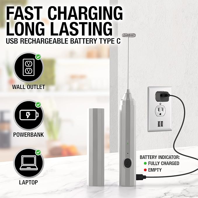 Zulay Froth N Go Milk Frother Rechargeable - 3-in-1 Frother Wand With Case & USB-C Charger - Comes With 3 Whisk Attachments for Latte, Cappuccino, Matcha, Protein Shakes - Silver