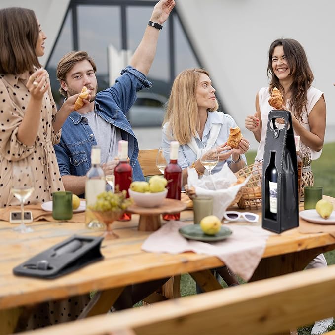 Abbylike 4 Pcs Wine Tote Bag Reusable Leather Wine Carrier Tote Wine Purse Case Holder Single Bottle Champagne Beer Gift Bags Carrier for Christmas Wedding Birthday(Window Style,Black)