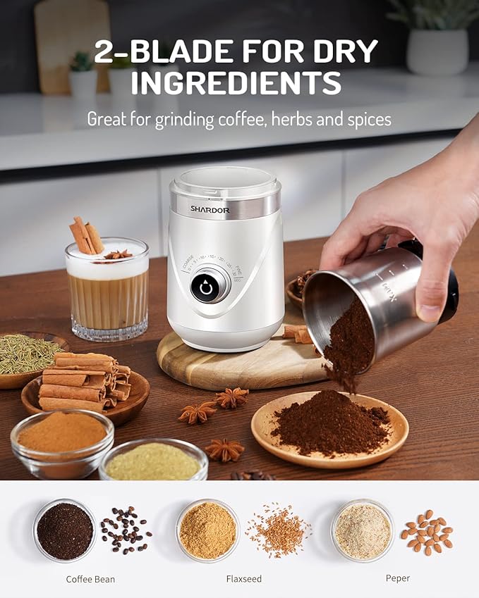 SHARDOR Electric Super Silent Blade Coffee Grinder, Timed Grind Control Rotary Knob, Adjustable Coarse to Fine for Coffee Beans, Spices & Herbs, with 2 Removable Stainless Steel Bowl, White