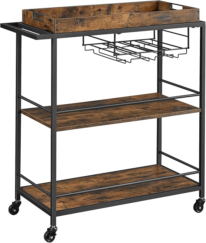 VASAGLE Kitchen Serving Cart with Removable Tray, 3-Tier Kitchen Utility Cart on Wheels with Storage, with Brakes, Leveling Feet, 15.7 x 34.6 x 37.8 Inches, Rustic Brown and Black ULRC093B01