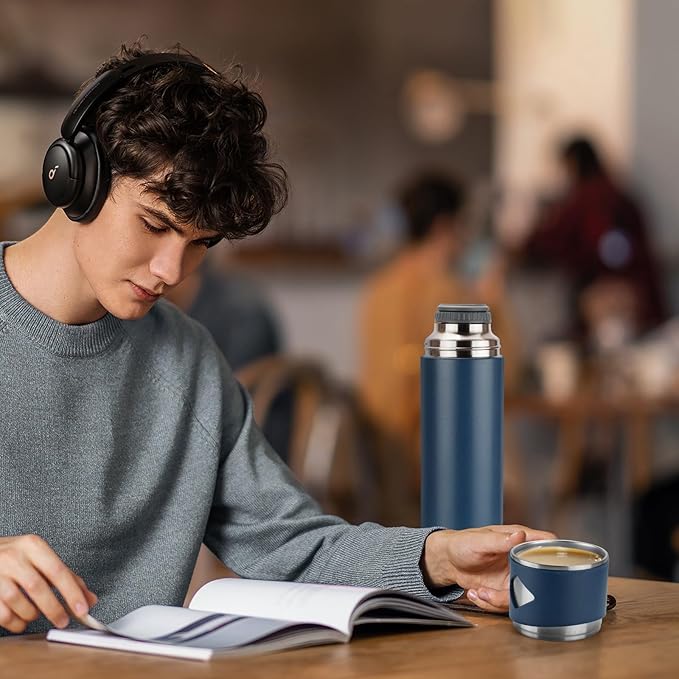 Stainless Steel Thermo 700ml/23.7oz Vacuum Insulated Bottle with Cup for Coffee Hot drink and Cold drink water flask.(Blue,Set)