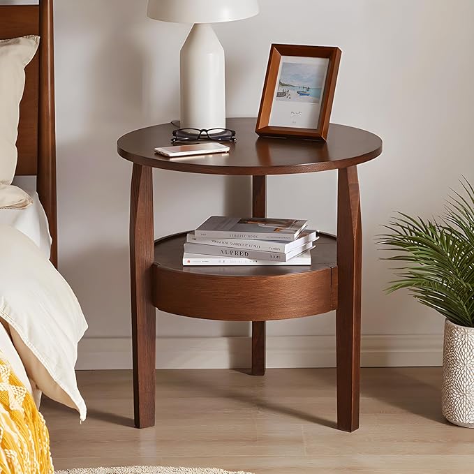 Round Coffee Table with Hidden Drawer - 20" D x 20" H Natural Wood Side Table with Drawer, 2-Tier Rustic Retro End Table with Storage, Small Coffee Table for Living Room, Dark Brown