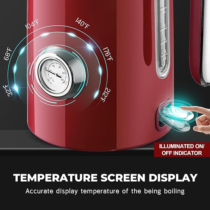 SUSTEAS Electric Kettle - 57oz Hot Tea Water Boiler with Thermometer, 1500W Fast Heating Stainless Steel Pot, Cordless LED Indicator, Auto Shut-Off & Boil Dry Protection, Red