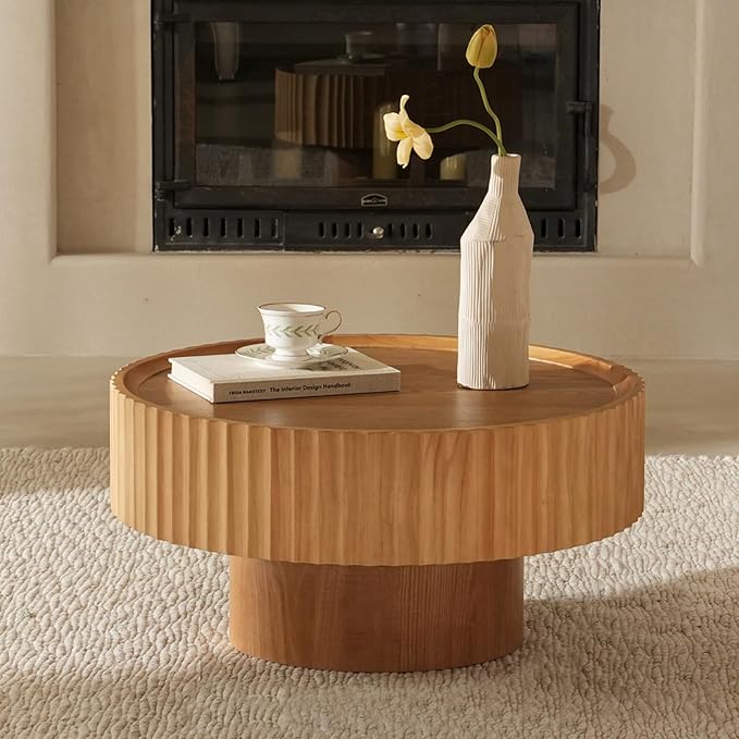 Round Coffee Table, Modern Living Room Tables with Mushroom Shape and Grooved Design, Circle Accent Pinewood Center Table for Living Room, Apartment (Nature Wood, 31.8''L×14.9''H)
