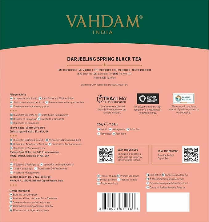 VAHDAM, Exotic Darjeeling First Flush Tea Leaves (100 Black Tea Bags) High Caffeine, Non GMO, Gluten Free | Aromatic & Robust | Unblended First Flush Darjeeling Tea Bags | Resealable Ziplock Pouch